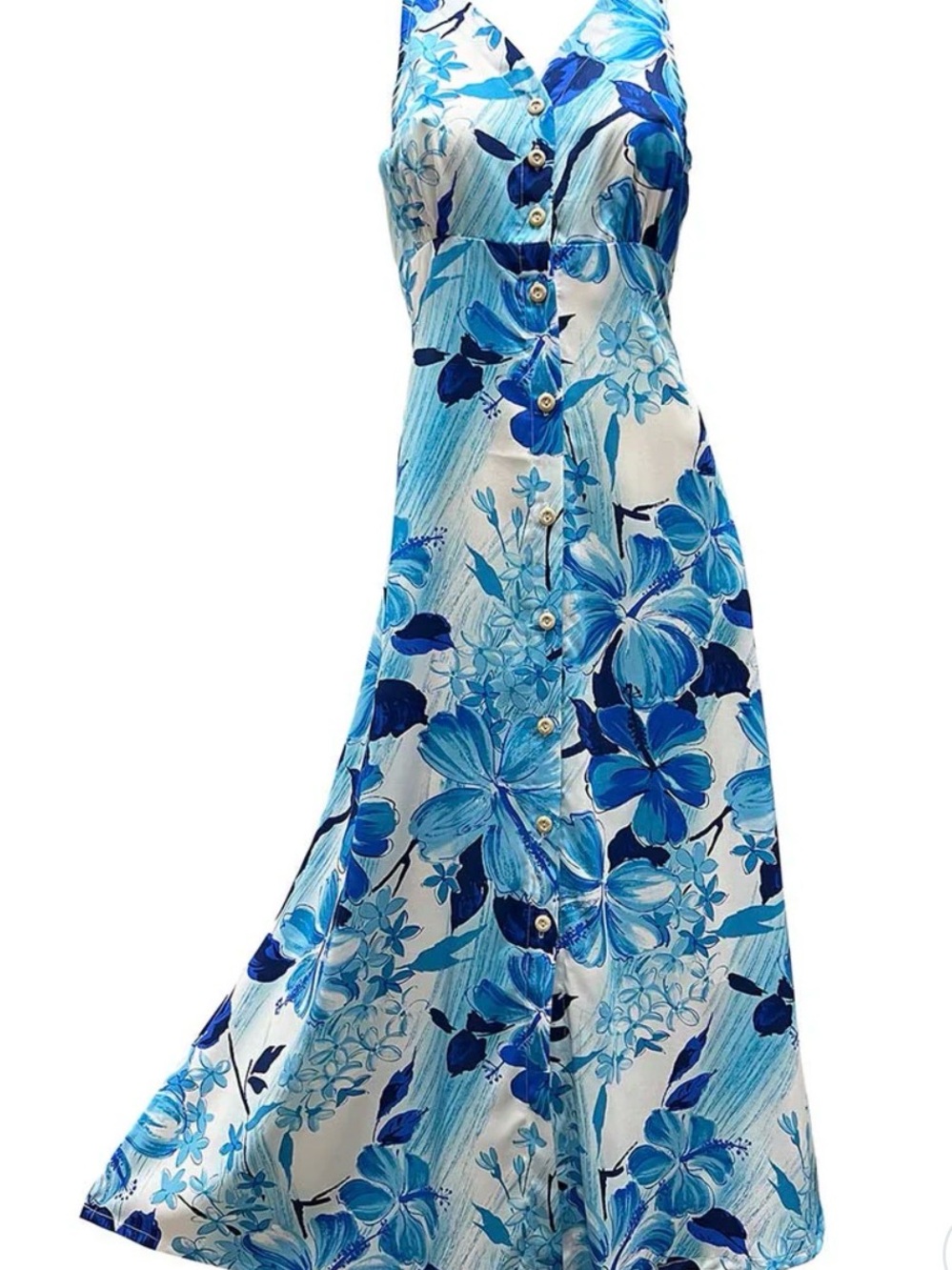 NWT Paradise Found Watercolor Hibiscus Blue Button Front Tank Dress